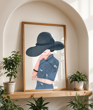 Elegant woman in a wide-brimmed hat and floral dress – stylish fashion artwork for modern interiors - Mi tienda