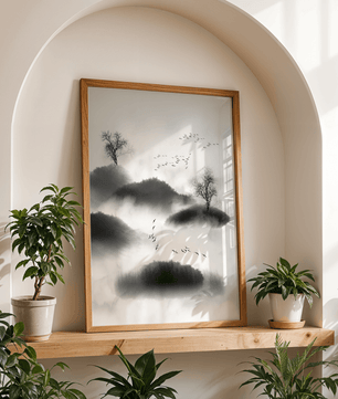 Misty mountains with flying birds in monochrome ink style - Mi tienda