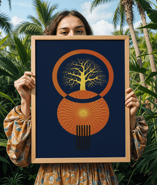 Sacred tree illustration with geometric sun and gold details - Mi tienda