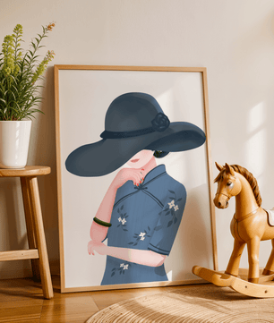 Elegant woman in a wide-brimmed hat and floral dress – stylish fashion artwork for modern interiors - Mi tienda