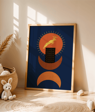 Golden deer on geometric abstract background – modern wall art in deep blue and burnt orange tones - Mi tienda