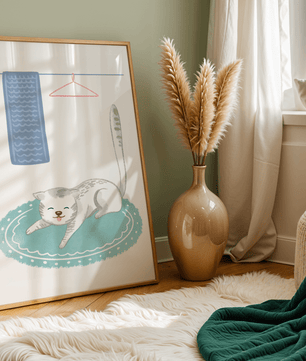 Cute stretching cat on a cozy rug in a soft pastel illustration - Mi tienda