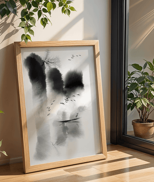 Serene misty landscape with birds and a lone heron - Mi tienda