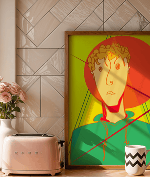 Colorful abstract portrait of a man with geometric shapes and bright background - Mi tienda