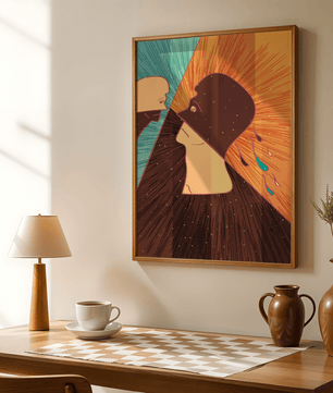 Surreal abstract illustration of two faces in a dramatic confrontation with expressive colors - Mi tienda