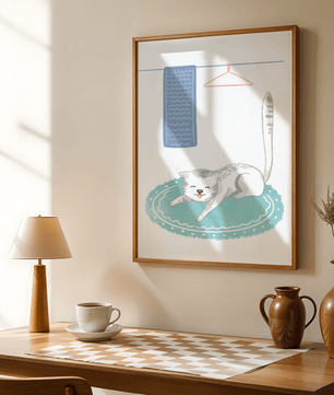 Cute stretching cat on a cozy rug in a soft pastel illustration - Mi tienda