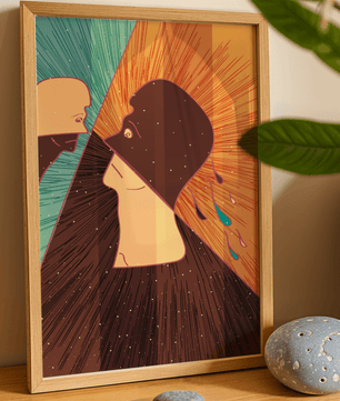 Surreal abstract illustration of two faces in a dramatic confrontation with expressive colors - Mi tienda