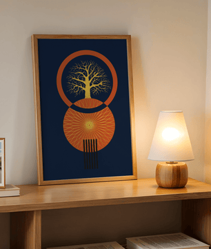 Sacred tree illustration with geometric sun and gold details - Mi tienda