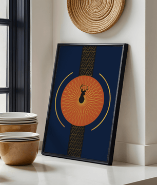 Golden deer with geometric moon phases in modern wall art - Mi tienda