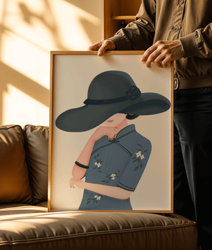 Elegant woman in a wide-brimmed hat and floral dress – stylish fashion artwork for modern interiors - Mi tienda