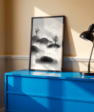 Misty mountains with flying birds in monochrome ink style - Mi tienda