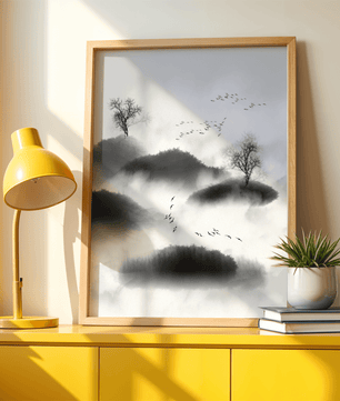 Misty mountains with flying birds in monochrome ink style - Mi tienda