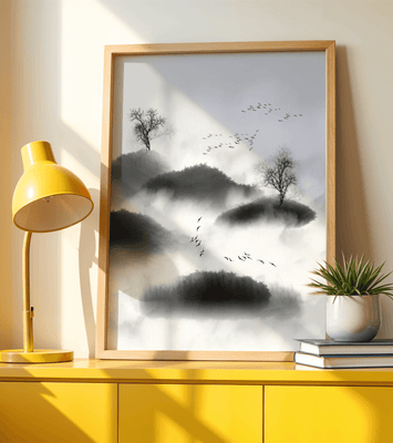 Misty mountains with flying birds in monochrome ink style