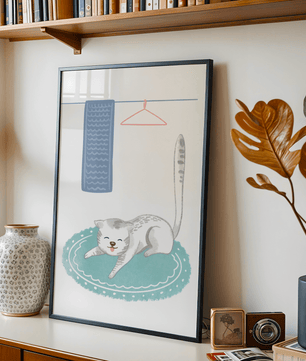 Cute stretching cat on a cozy rug in a soft pastel illustration - Mi tienda