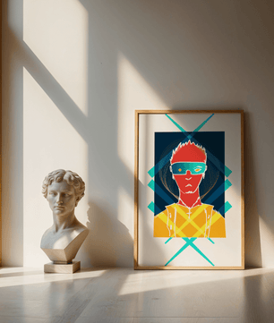 Cyberpunk warrior in geometric neon hues for modern decor - Mi tienda