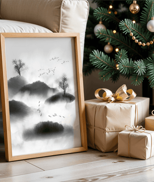 Misty mountains with flying birds in monochrome ink style - Mi tienda