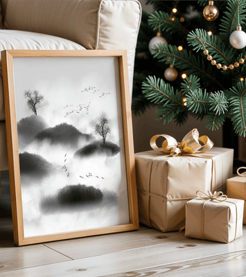 Misty mountains with flying birds in monochrome ink style