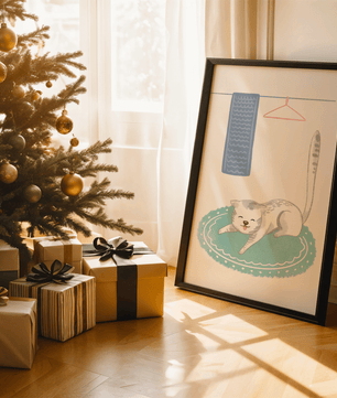 Cute stretching cat on a cozy rug in a soft pastel illustration - Mi tienda