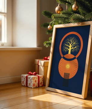 Sacred tree illustration with geometric sun and gold details - Mi tienda