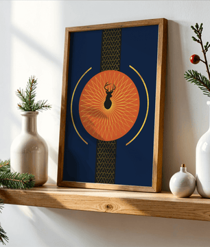 Golden deer with geometric moon phases in modern wall art - Mi tienda