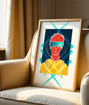 Cyberpunk warrior in geometric neon hues for modern decor - Mi tienda