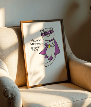 Superhero cat illustration with comic-style text - Mi tienda