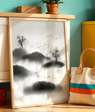 Misty mountains with flying birds in monochrome ink style - Mi tienda