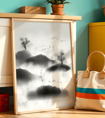 Misty mountains with flying birds in monochrome ink style