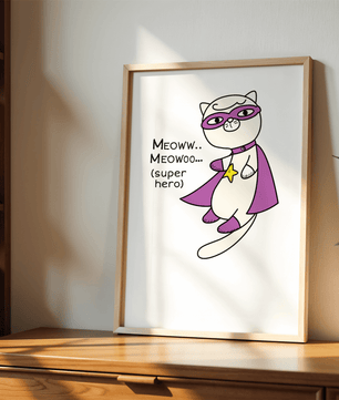 Superhero cat illustration with comic-style text - Mi tienda