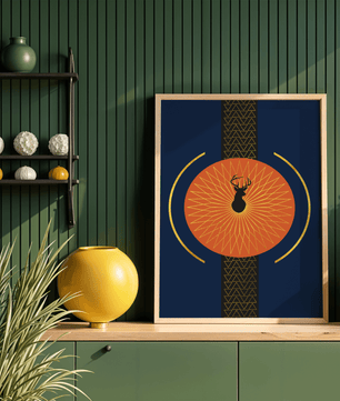 Golden deer with geometric moon phases in modern wall art - Mi tienda