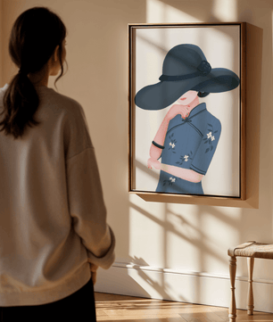 Elegant woman in a wide-brimmed hat and floral dress – stylish fashion artwork for modern interiors - Mi tienda