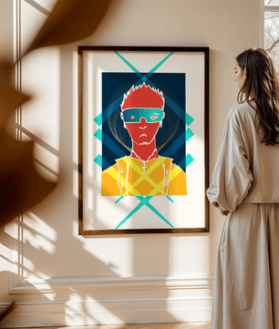 Cyberpunk warrior in geometric neon hues for modern decor - Mi tienda