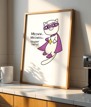 Superhero cat illustration with comic-style text - Mi tienda