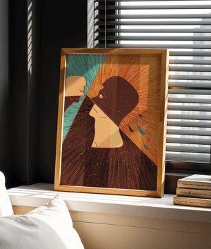Surreal abstract illustration of two faces in a dramatic confrontation with expressive colors - Mi tienda