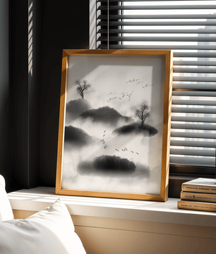 Misty mountains with flying birds in monochrome ink style - Mi tienda