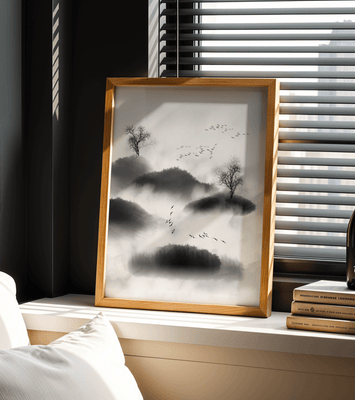 Misty mountains with flying birds in monochrome ink style