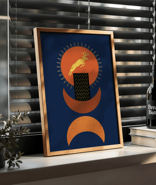 Golden deer on geometric abstract background – modern wall art in deep blue and burnt orange tones - Mi tienda