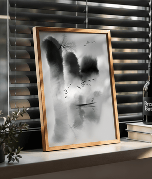 Serene misty landscape with birds and a lone heron - Mi tienda