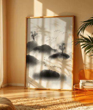 Misty mountains with flying birds in monochrome ink style - Mi tienda