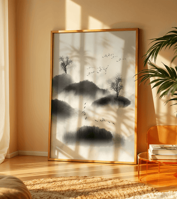 Misty mountains with flying birds in monochrome ink style