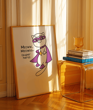 Superhero cat illustration with comic-style text - Mi tienda