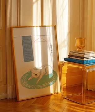 Cute stretching cat on a cozy rug in a soft pastel illustration - Mi tienda