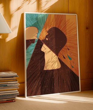 Surreal abstract illustration of two faces in a dramatic confrontation with expressive colors - Mi tienda