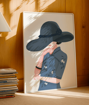 Elegant woman in a wide-brimmed hat and floral dress – stylish fashion artwork for modern interiors - Mi tienda