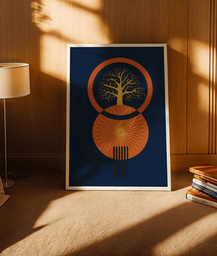 Sacred tree illustration with geometric sun and gold details - Mi tienda