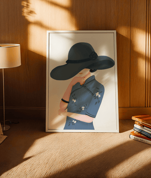 Elegant woman in a wide-brimmed hat and floral dress – stylish fashion artwork for modern interiors - Mi tienda