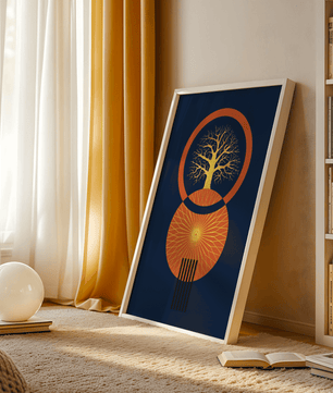 Sacred tree illustration with geometric sun and gold details - Mi tienda
