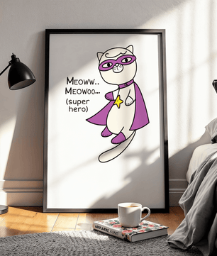 Superhero cat illustration with comic-style text - Mi tienda