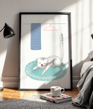 Cute stretching cat on a cozy rug in a soft pastel illustration - Mi tienda
