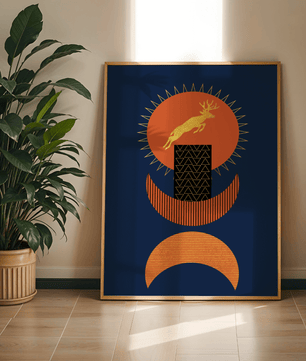 Golden deer on geometric abstract background – modern wall art in deep blue and burnt orange tones - Mi tienda